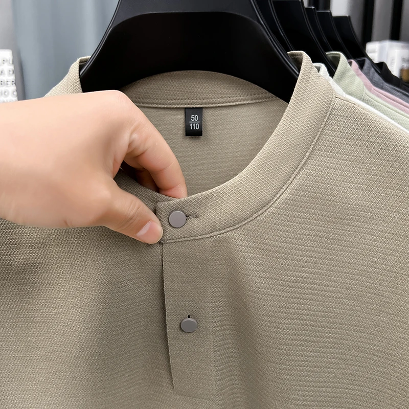 2026 New Men's Single Button Henley Neck Tee Comfortable Textured Fabric Short Sleeve For Casual And Business