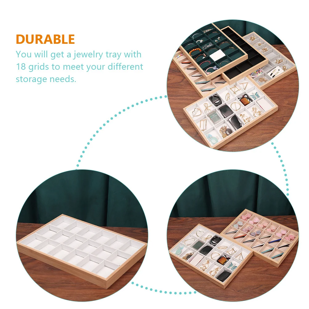 18 Grids Bamboo Wood Jewelry Tray Jewelry Drawer Organizer For Rings Earrings Necklaces Keys Lipsticks Cards Desktop Storage Box