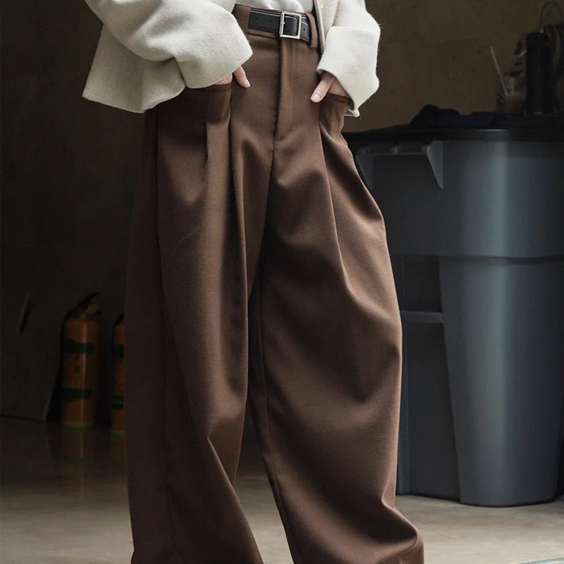 Autumn and winter women\'s casual solid color high waist loose wide leg pants