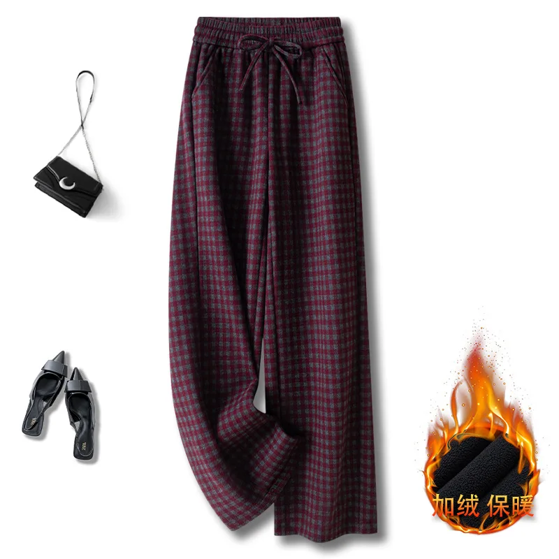 

Ankola Red Design Sense Plaid Fleece-Lined Pants for Women, and Winter Warm High-Waisted Slimming Straight-Leg P