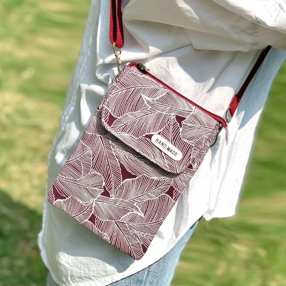 

Fashionable Pastoral Mobile Phone Bag Leaves Mini Phone Crossbody Bag Cotton Fashion Women's Messenger Bag Beach
