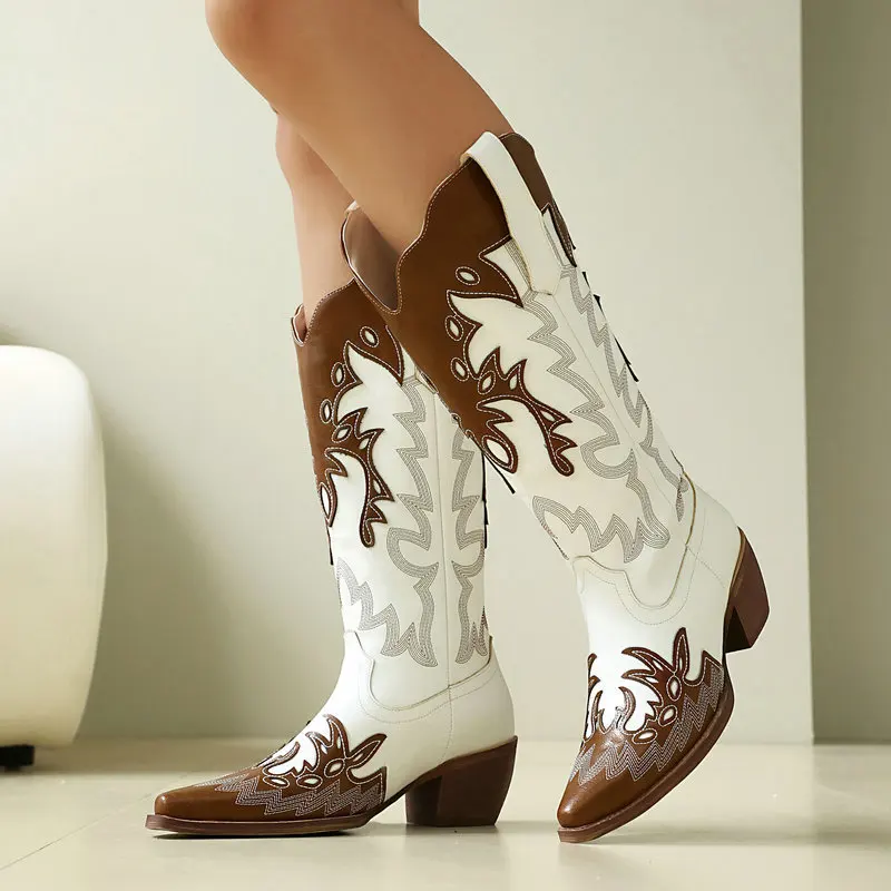 Women's High Top Boots Western Cowboy Boots Color Block Square Toe Chunky High Heel Pull On Below Knee Long Boots Knight Riding
