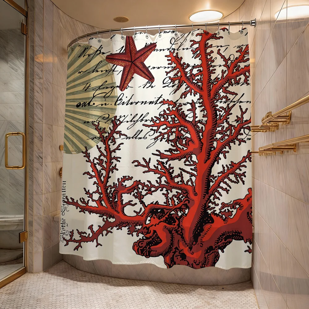 

Vintage Ocean Life Coral Reef Starfish Shower Curtain Bathroom Decoration Sea Animal Roots Nautical Design Waterproof XL 180cm C