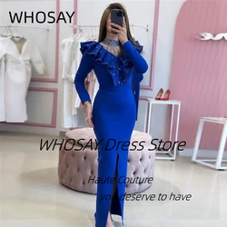 WHOSAY Royal Blue Dresses Evening High Collar Bead Ruched Long Sleeves Prom Dress Front Slit Special Party Gowns Customized