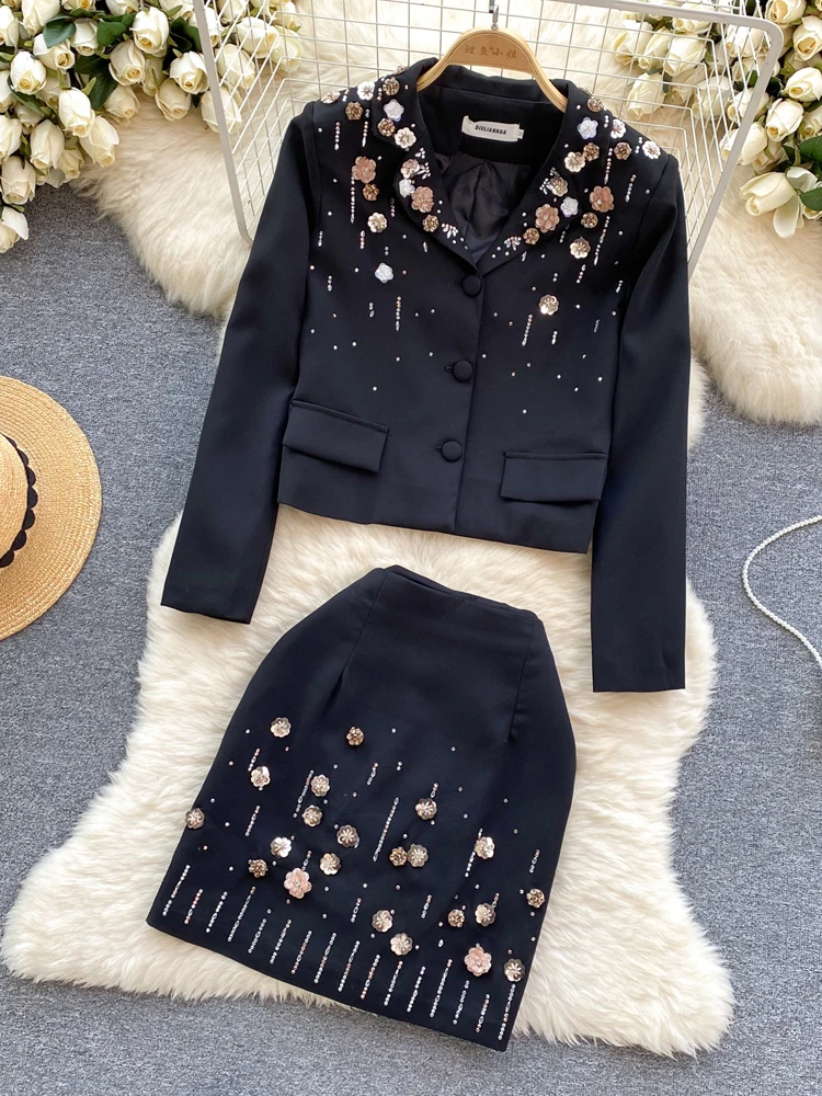 Elegant Floral Sequined 2 Piece set Women\'s 2024 Collection Beading blazer Short jacket And High waist Mini skirt Slim 4O019