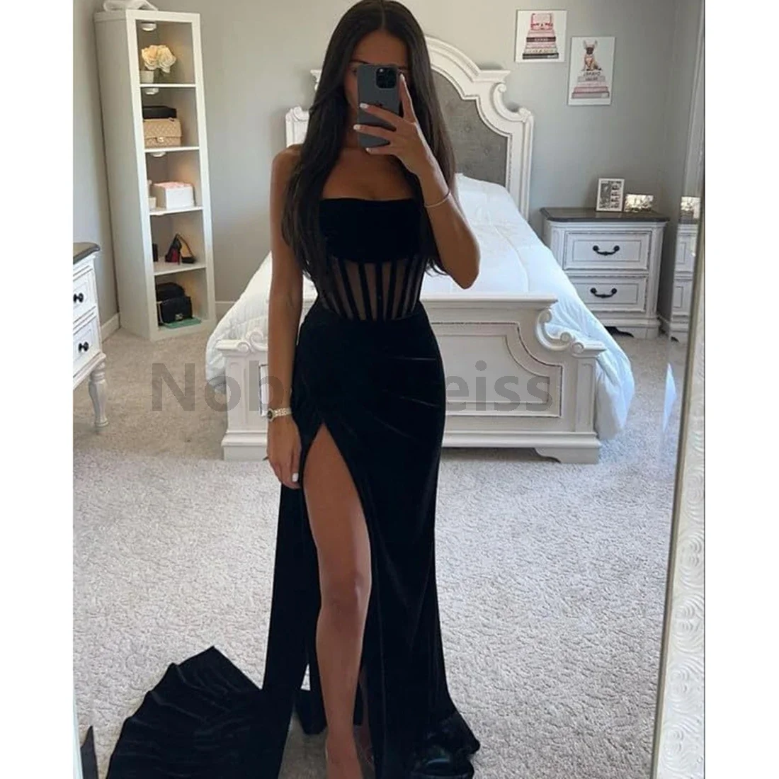 ストラップレスサテンマーメイドドレス,スリット付き,花嫁介添人ドレス,フォーマルなイブニングドレス,ロングウエディングドレス,カスタマイズ