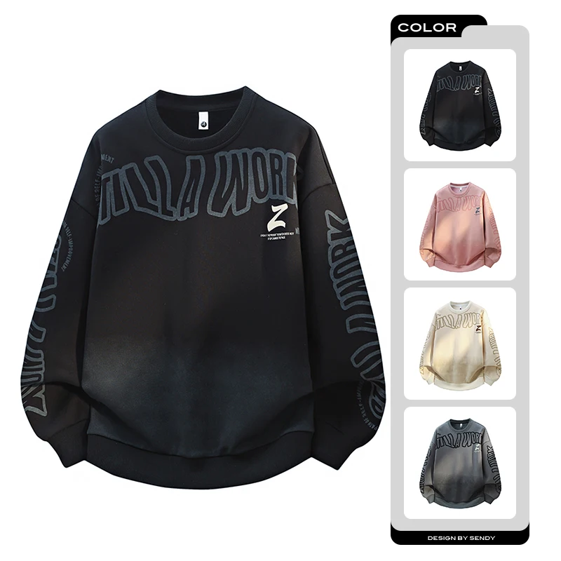 Men Gradient Washed Letter Print Crew Neck Sweatshirt Loose Streetwear Pullover Tops