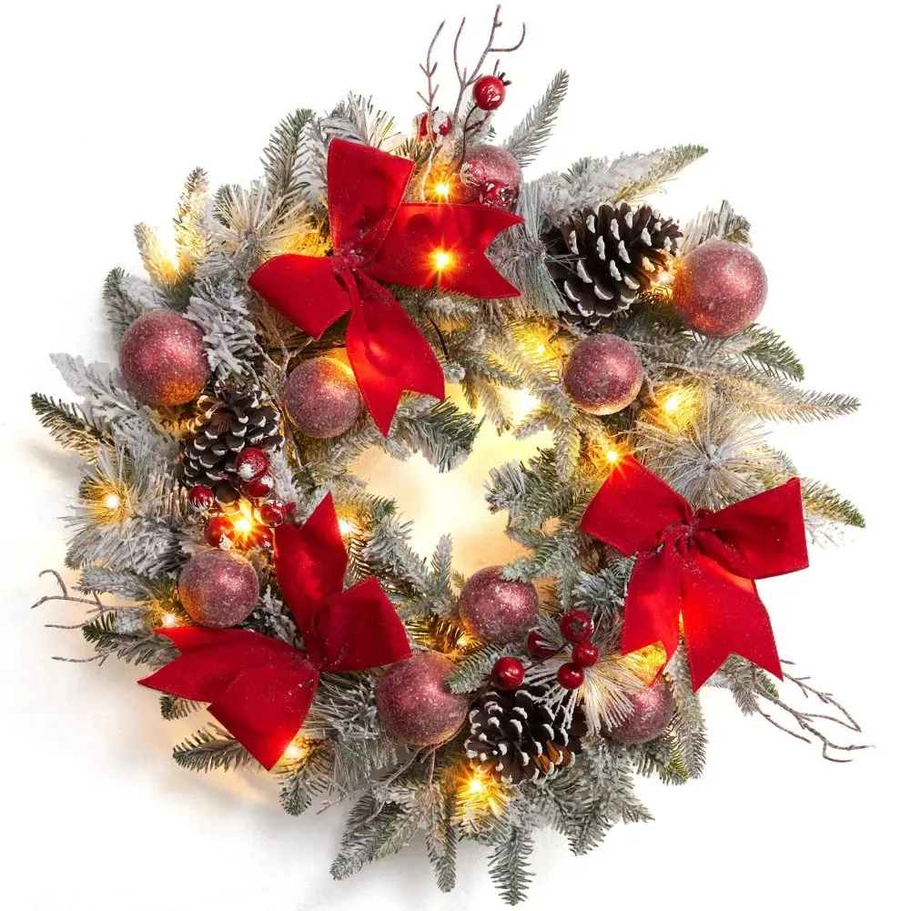 

Pre-Lit Christmas Wreaths for Front Door, 24" with 30 LED Lights Red Ribbon Snowy Branches Ball Ornaments Pine Cones and Berries