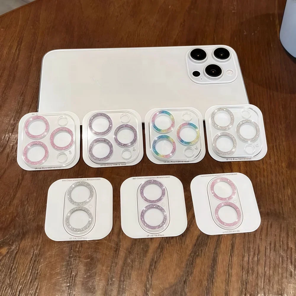 Protector de cristal de cámara con purpurina para IPhone 16 15 14 Plus 13 12 Pro Max 11, cubierta de lente para IPhone 15Pro 16 + 16Plus 16Pro, anillo de lente