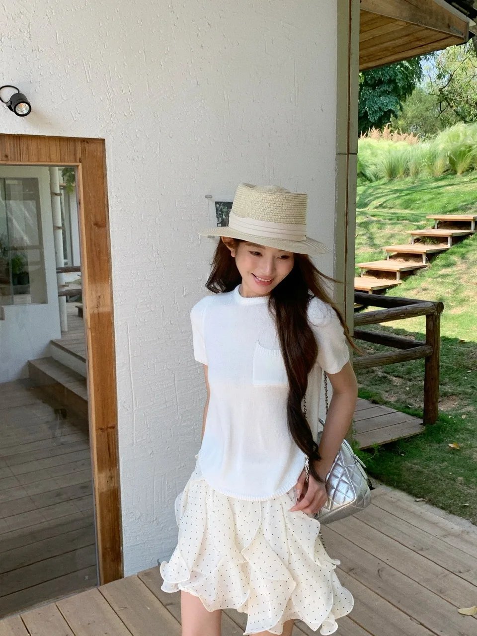 

Korean Style round Neck Pocket Knitted Short Sleeve T-Shirt Women's Casual Top Spring Summer Open Slit Belted Loose Fit