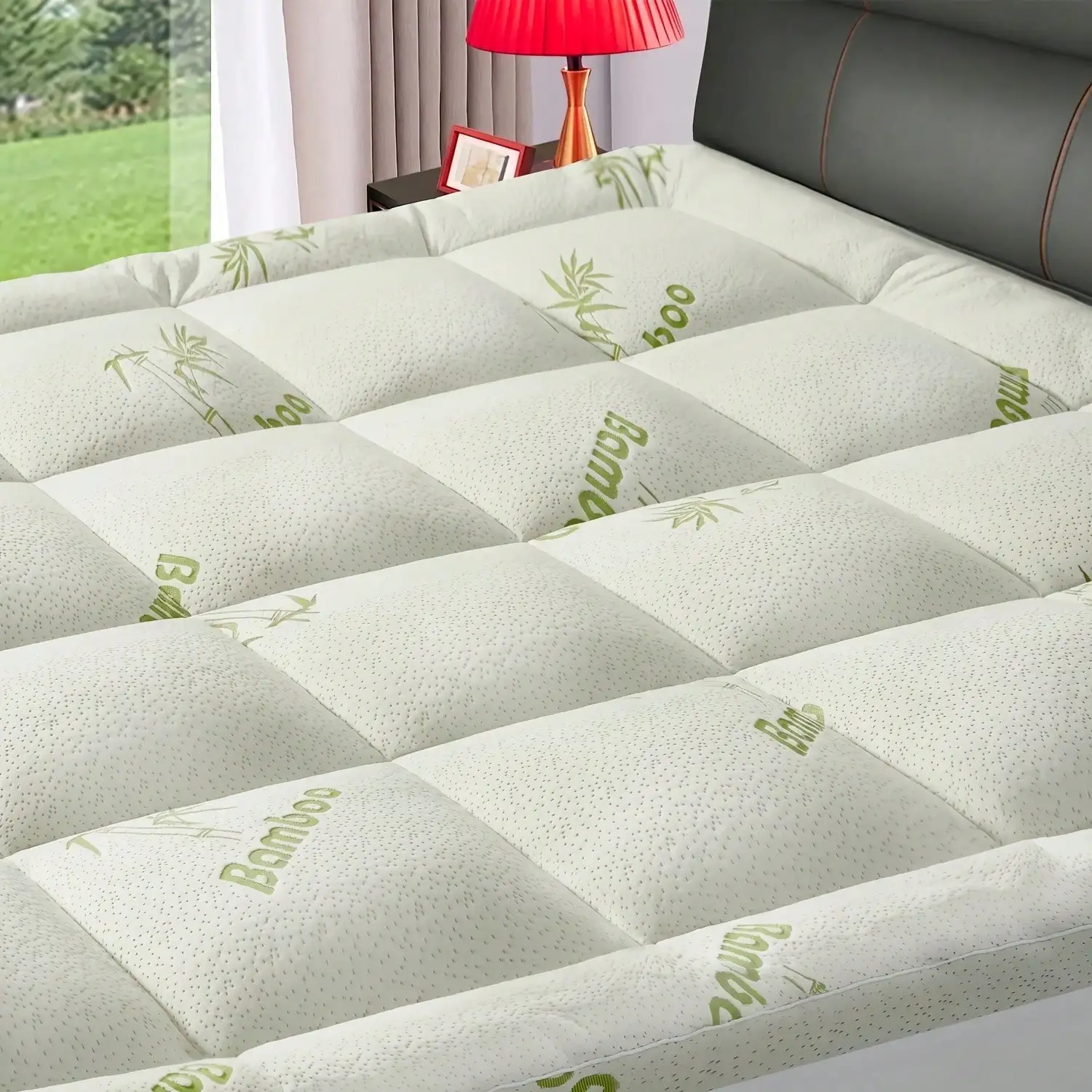 Cool Bamboo Mattress Topper, Breathable Bamboo Fiber & Microfiber Alternative Fill, Soft Plush Noiseless Quilted Bed Cover with 8‑21 Inch Deep Pockets, Green