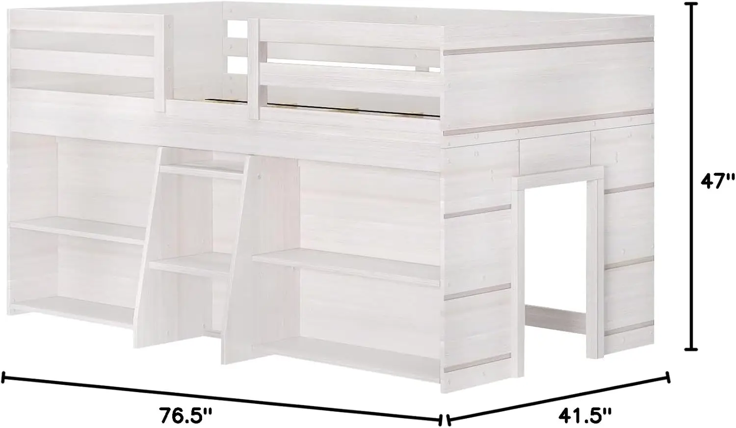 Cama alta baixa Lily Modern Farmhouse, estrutura de cama de solteiro para crianças com 2 estantes, lavagem branca