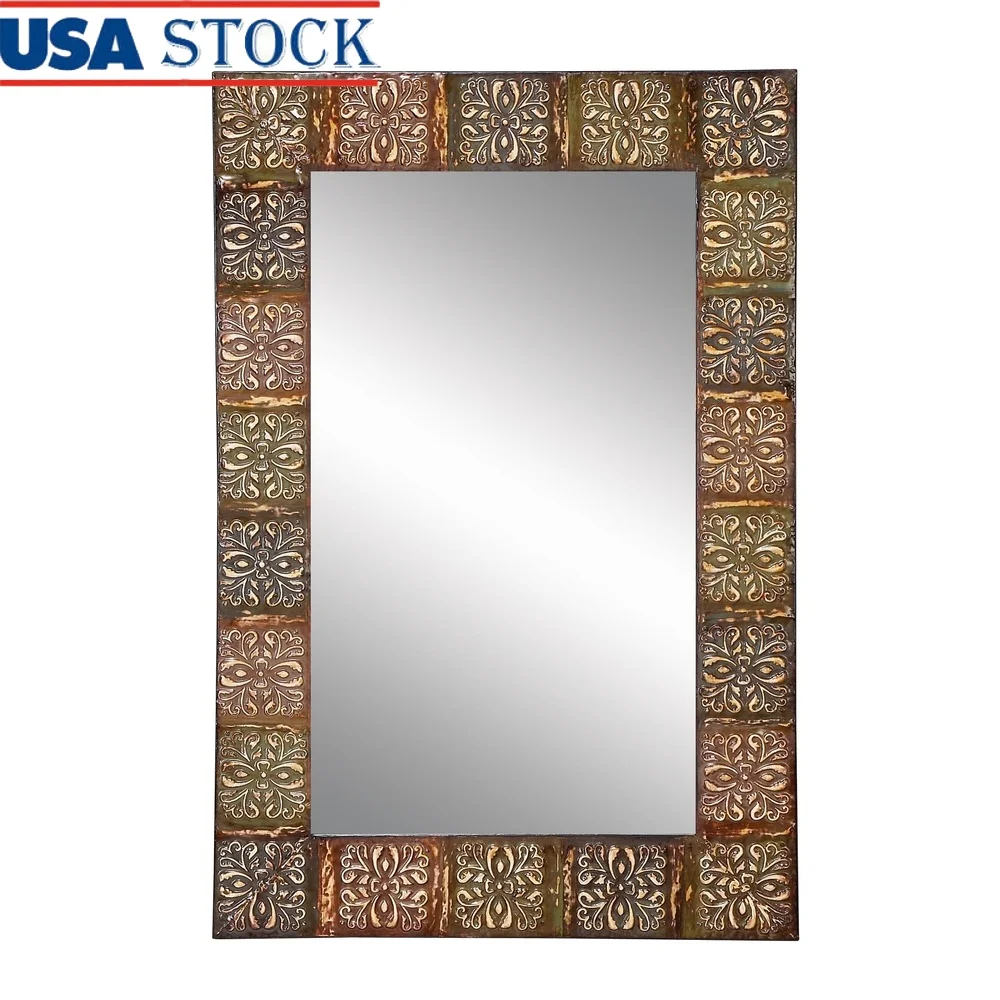 

Multi Colored Floral Wall Mirror Decorative Embossed Metal Frame Rectangular Hanging Mirror Indoor Home Accent Wall Art 24x36