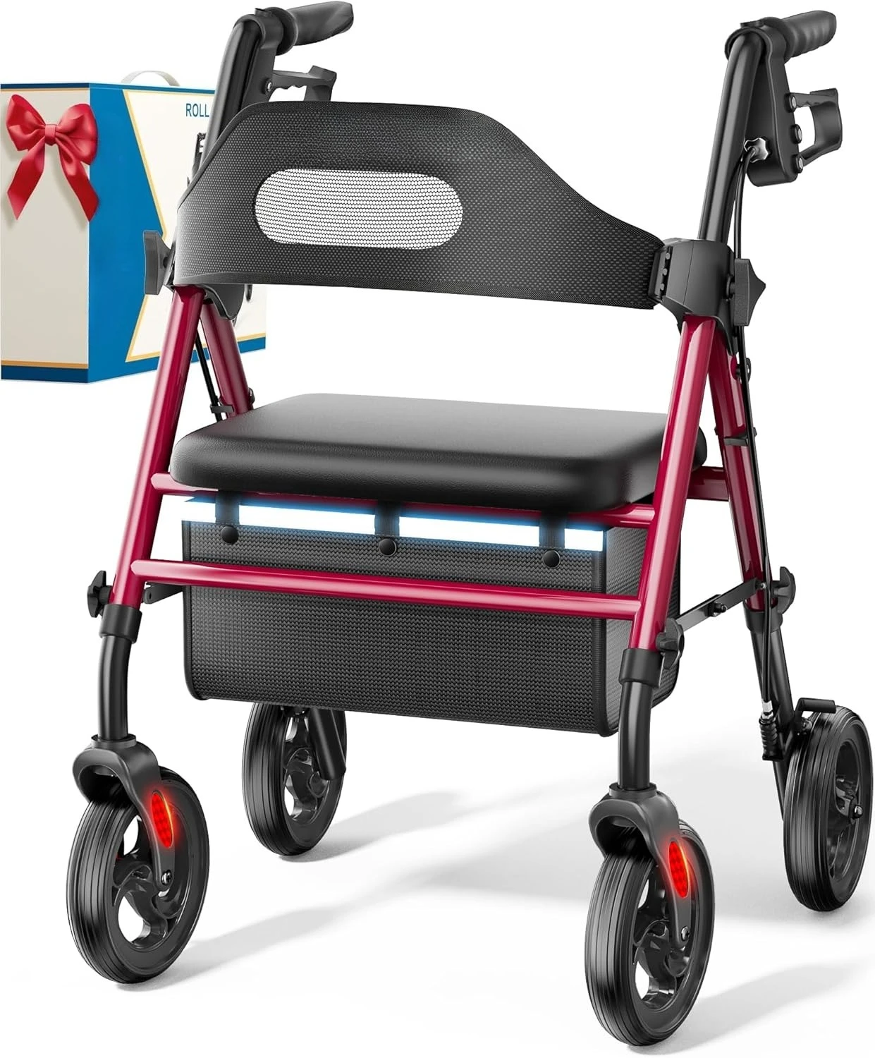 

Foldable Rollator Walkers with Seat for Seniors, 8'' Big Wheels, 350 lb. Weight Capacity, Adjustable Handles and Seat Height