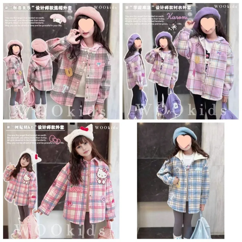 

Sanrio Hello Kitty, новая детская куртка с капюшоном в стиле аниме Kuromi, клетчатая куртка-кардиган с капюшоном в стиле мультфильма для девочек, весенне-осеннее пальто, подарок