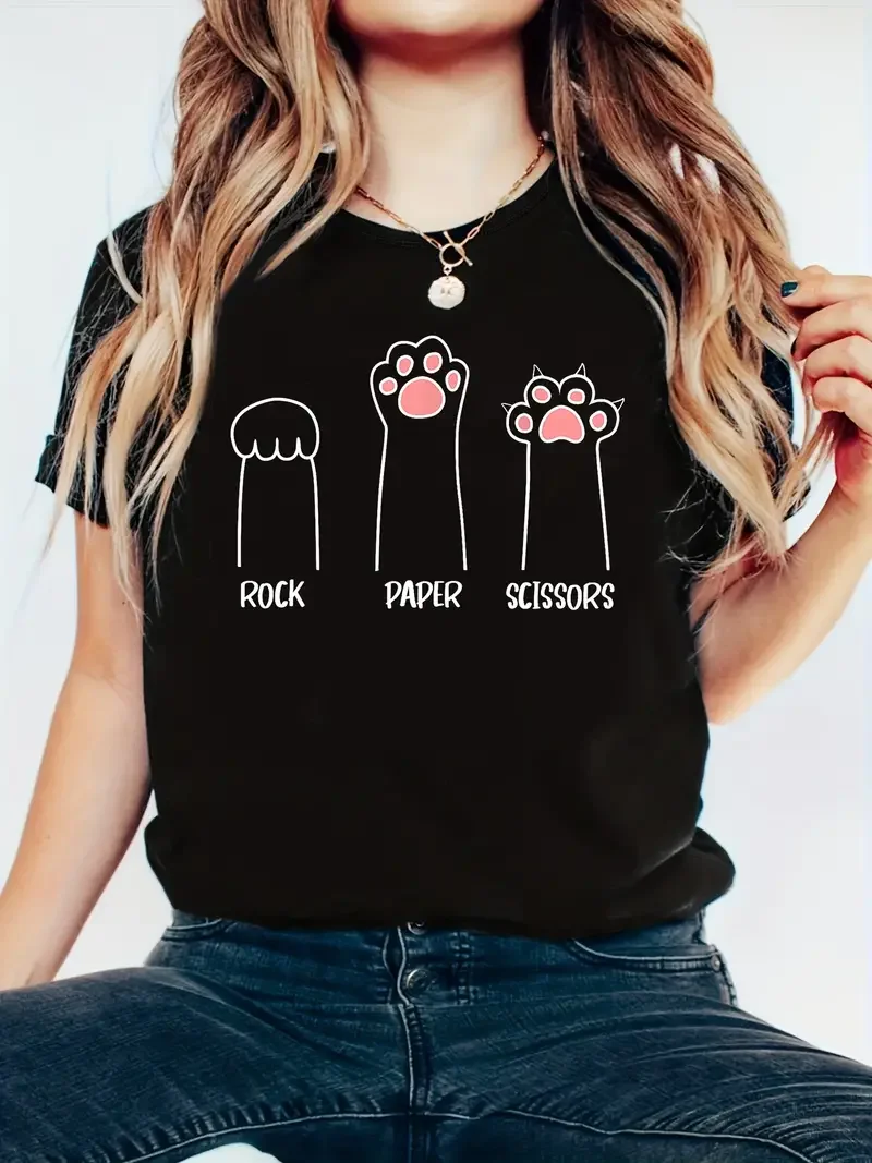 Funny Rock Paper Scissors Cute Animal Paw Print Print T-Shirt Women's Short Sleeve Female T-shirt Summer New Fashion Cotton Tops