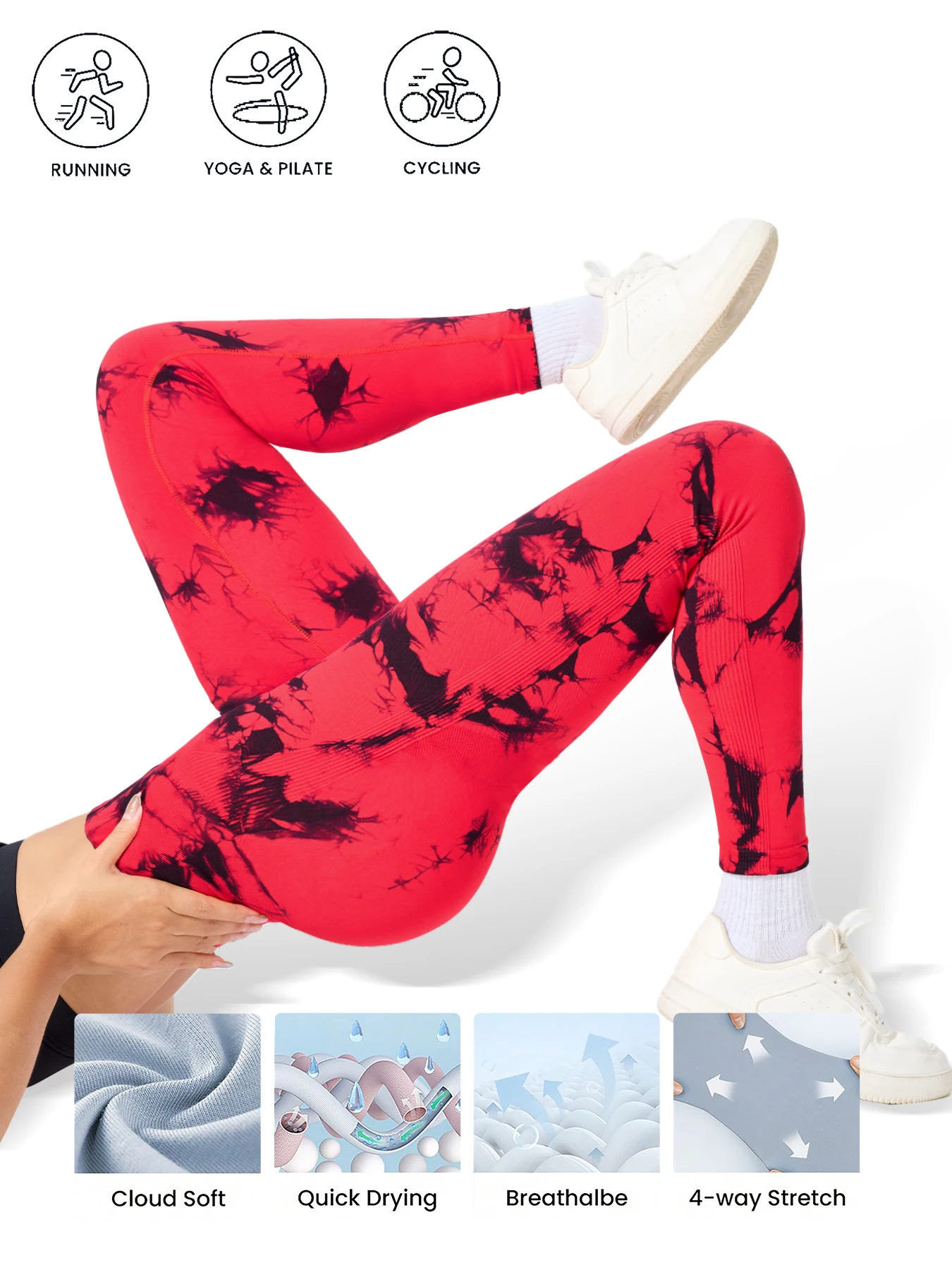 3 قطعة سراويل رياضية نسائية عالية الخصر مصبوغة بربطة عنق ، رفع الأرداف وتنحيف الساقين سراويل اليوغا