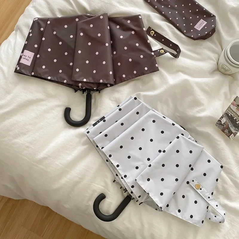 Summer Polka Dot Folding Umbrella 8 Ribs Windproof U Shape Handle Lightweight Manual UV Sunshade Rainproof Dual Use - view 5
