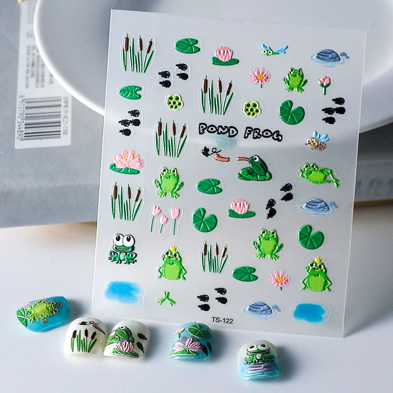 Green Pond Frog Tadpole Lotus Flower Leaf Bee Goldfish Red Koi Carp 3D Self Adhesive Nail Art Stickers Manicure 5D Decals Summer