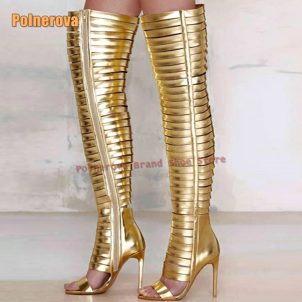 

Сексуальные золотые сапоги выше колена на шпильке, классические сапоги до бедра с острым носком, большие размеры, однотонные сексуальные пикантные сапоги-гладиаторы для вечеринок для девочек