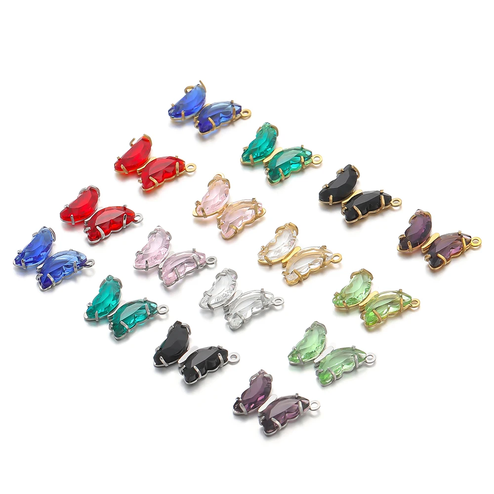 5pcs Stainless Steel Transparent Crystal Glass Butterfly Charms for DIY Jewelry Exquisite Necklace Findings Earrings Making