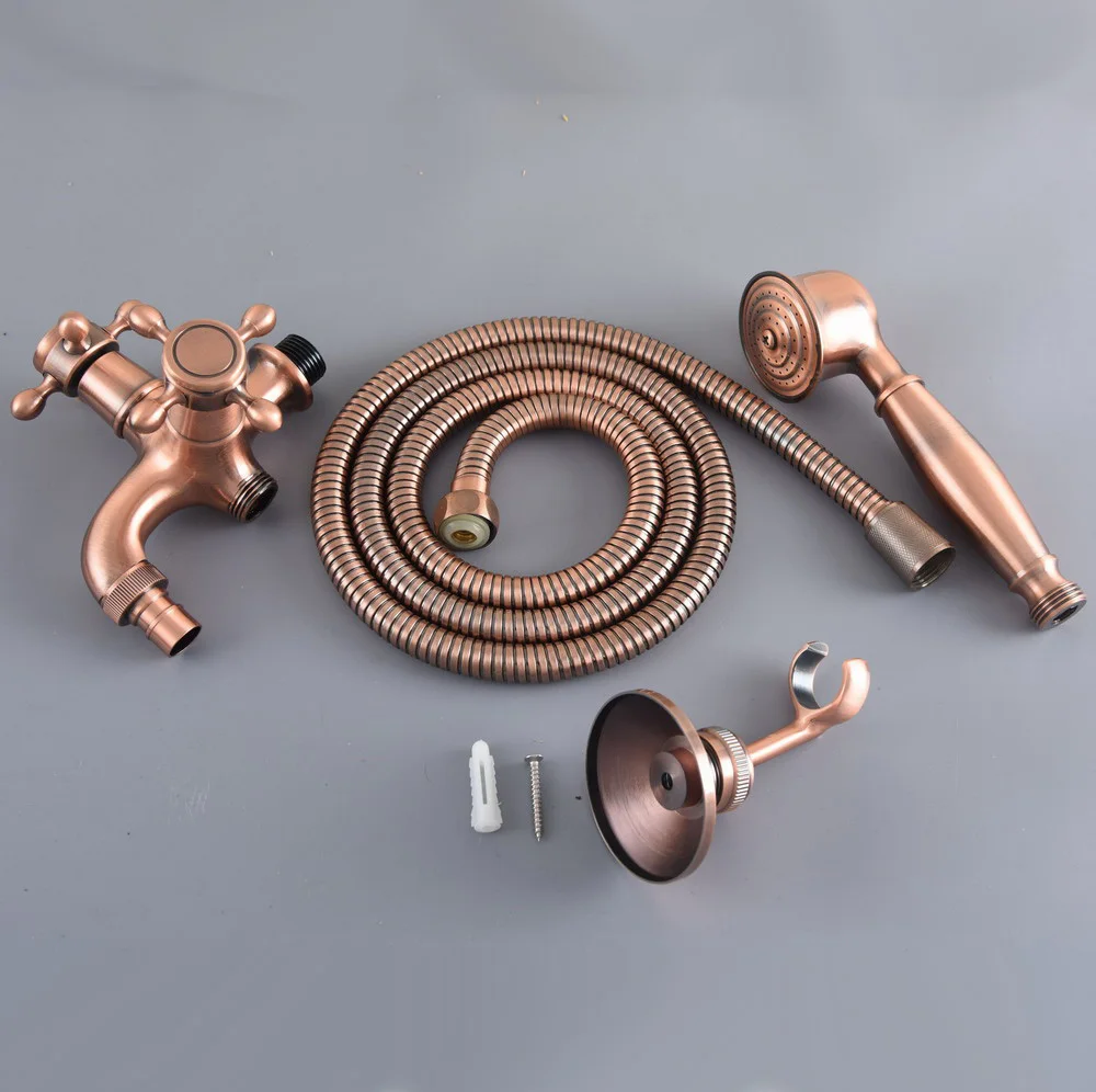 Antique Red Copper Two Handles Cold Faucet wall mounted Laundry bathroom Garden Washing Machine Water Tap with Handshower aav504