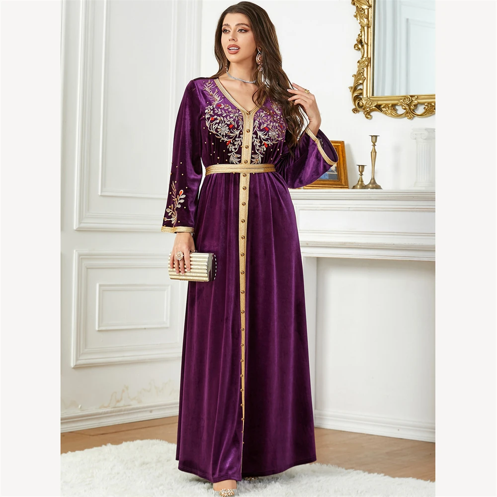 Elvet Embroidered Abaya for Women Beaded Belted Islamic Dress Muslim Dubai Caftan Moroccan Kaftan Ramadan Eid Jalabiya Djellaba