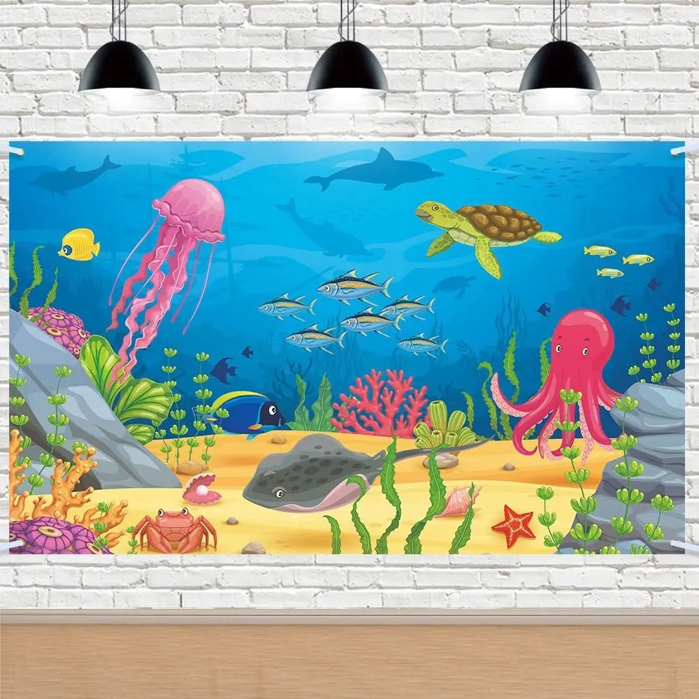 

Cartoon Summer Ocean Photography Backdrop Polyester Jellyfish Octopus Turtle Party Hanging Banner Celebrate Poster Photo Props