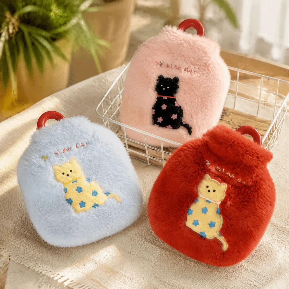 Portable Handheld Warm Water Bag Kitten Embroidery Plush Water-filling Bottle Leak-proof 350ml Hand Warmers Belly Warmer