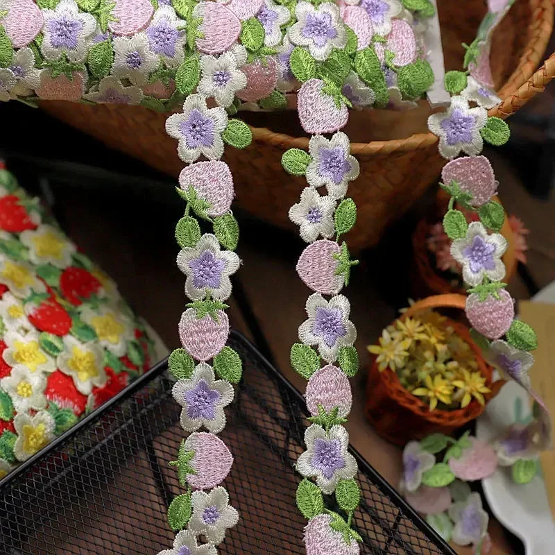 Embroidery Strawberry Flower Lace Trim, Barcode DIY Clothes, Necklace Collars Sewing, Handmade Decoration Accessories, 1Yard