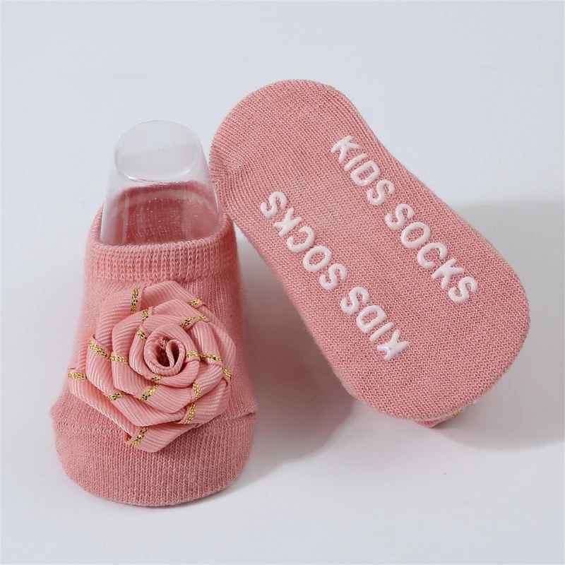 1 Pair New Handmade Knitted Baby Short Socks with Rose Decor Non-slip Baby Ribbed Knitted Floor Socks