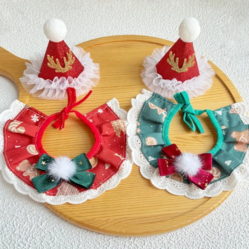 

Pet Christmas Scarf Bow Hairball Collar Hat Cat Christmas Set Cute Dog Water Scarf Red Green Scarf Accessories Puppy Accessories