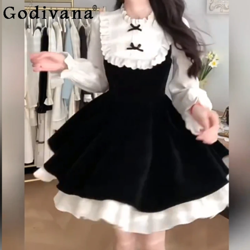 

Большой размер, осенне-зимнее новое французское искусственное темпераментное платье из двух частей, модное простое короткое платье трапециевидной формы с высокой талией и длинными рукавами