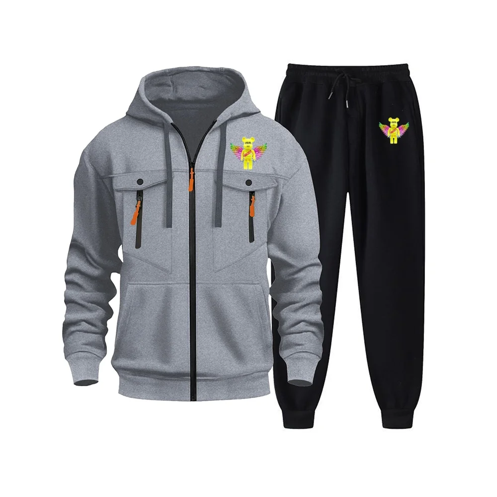 

2025 Autumn/Winter Men's Jogging Fitness Casual Sportswear Set: Multi-pocket zipper sweatshirt + Sweatpants set