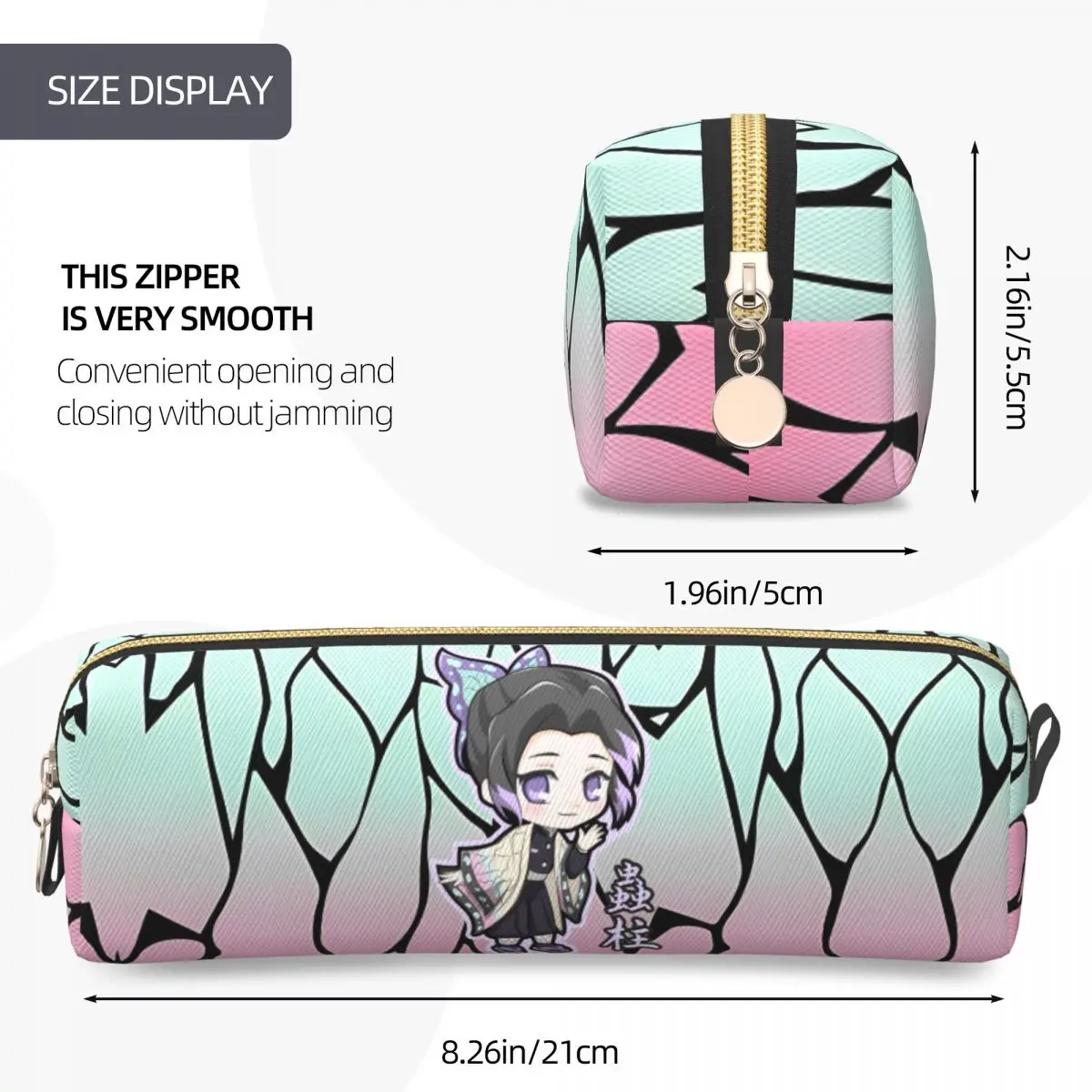 귀여운 Shinobu Kocho 연필 케이스 악마 슬레이어 연필 케이스 학생용 펜 박스 대용량 가방 학교 용품 선물 액세서리