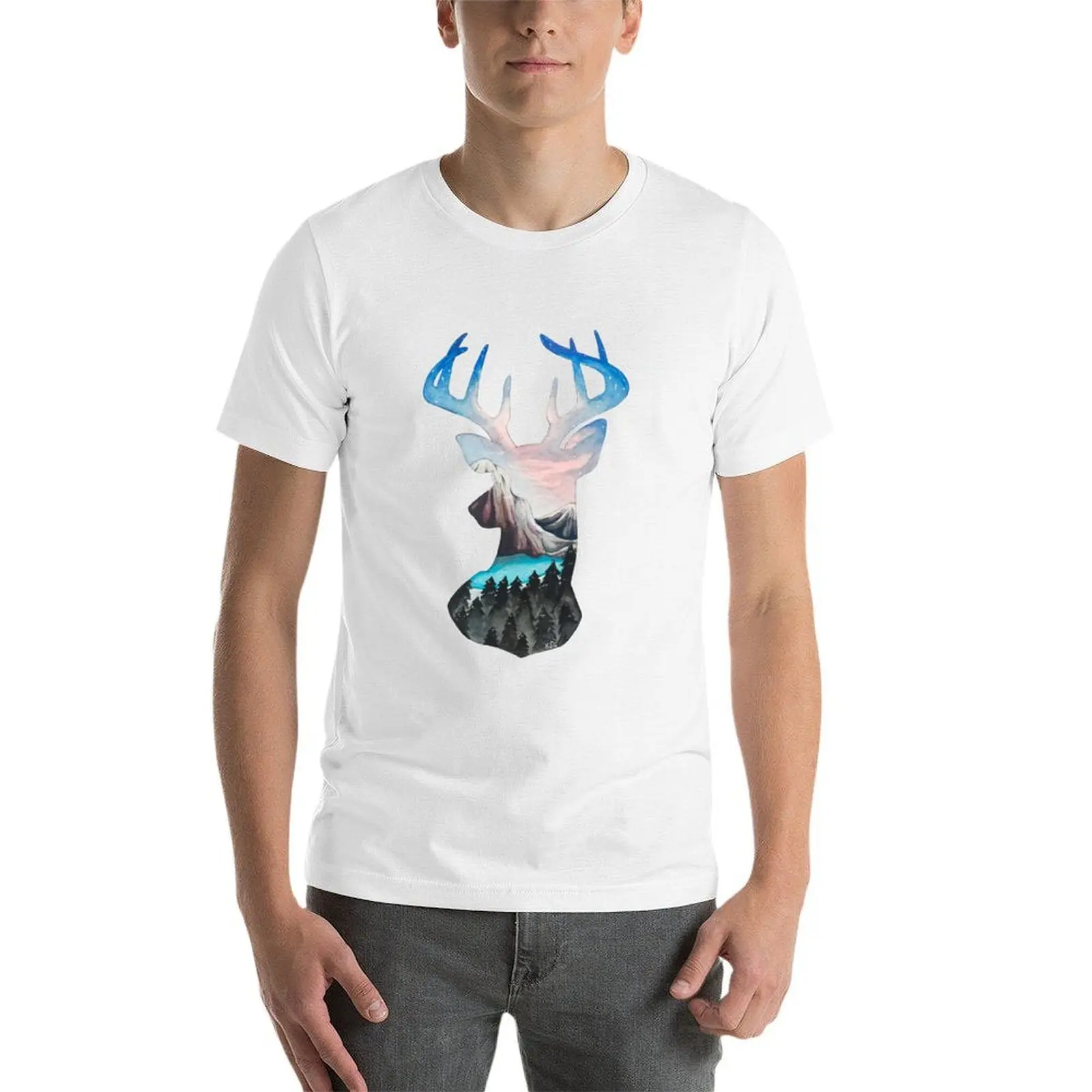 Forest Mountain Deer Watercolor T-Shirt cotton t shirts man 100% man t shirts for men T-Shirt