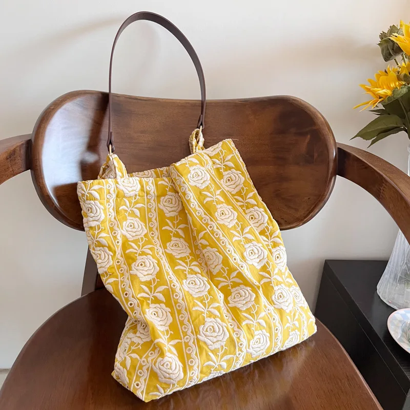 

1pcs Daily Portable Cotton Shoulder Bag with Leather Strap Heavy Duty Embroidered Yellow Rose Tote Bag Stylish Floral Handbag