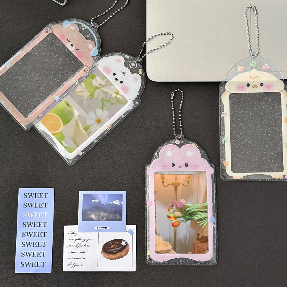 High Value Cute Animal Card Holder Transparent Glitter Card Holders Photo Card Case Keyring Pendant Girl Gift Bag Accessories