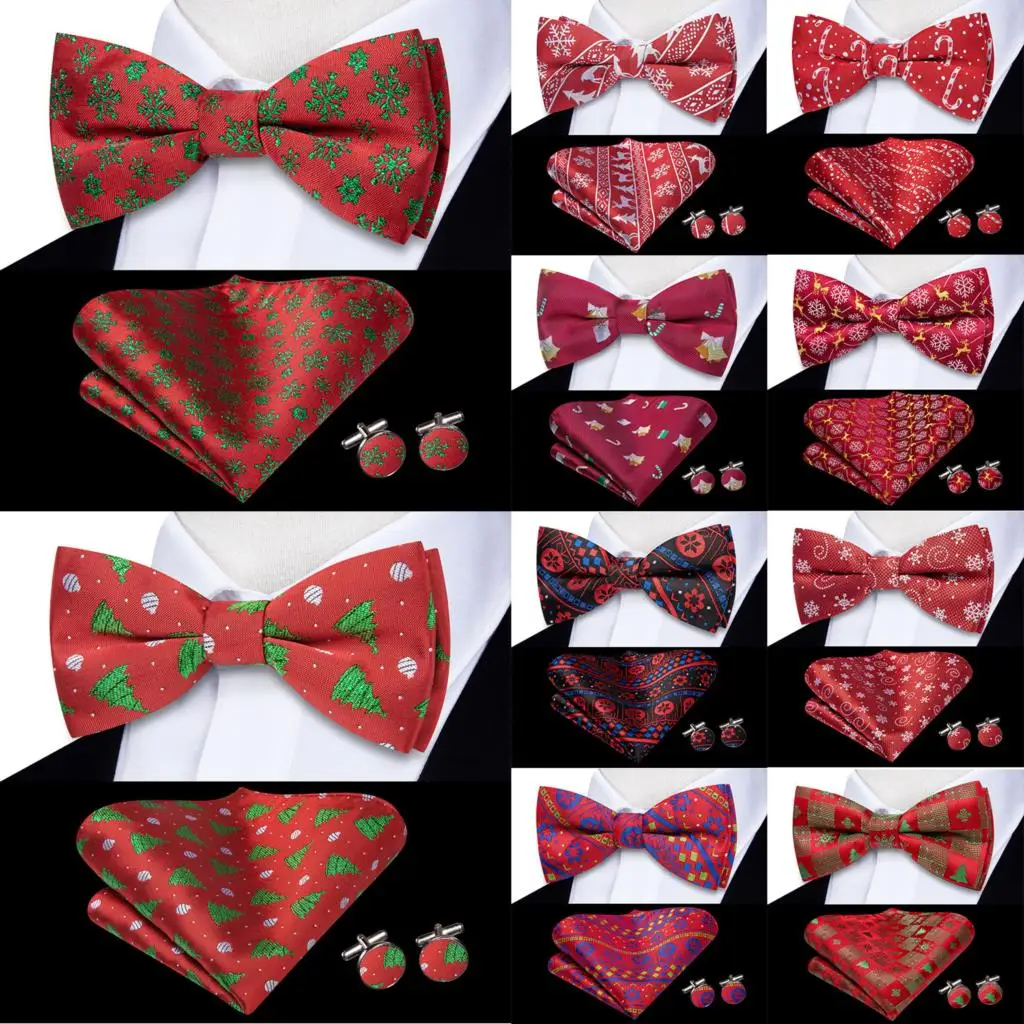 

Hi-Tie Red Green Tree Xmas Butterfly Silk Mens Christmas Bow Tie Hanky Cufflink Set Jacquard Floral Pre Tied Bowtie for Male