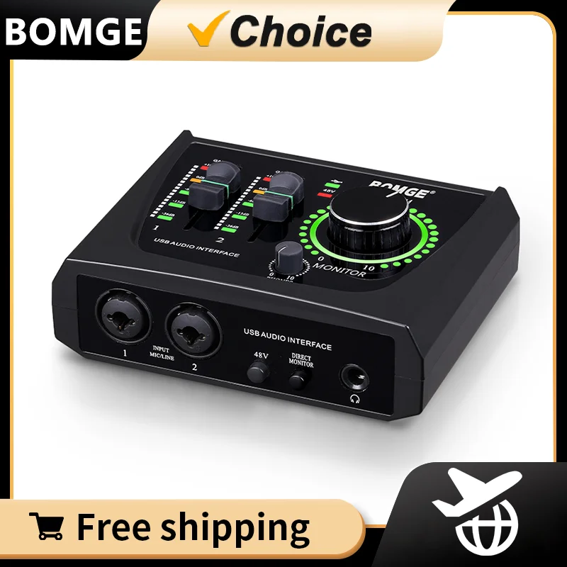 BOMGE mini 2 Channel USB Audio Interface sound card Recording Streaming and Podcasting with XLR/48V Phantom Power for Guitarist