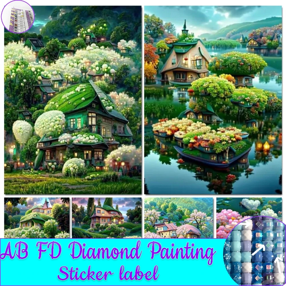 AB FD Diamond Painting Mosaic Water House Diamond Cross Stitch Set Living Room Bedroom Decorative Painting With Stickers Labels