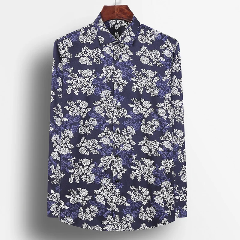 Men\'s Casual Printed Cotton Shirts Big Flower Print No Pocket Comfortable Long Sleeve Standard-fit Turn-down Collar Shirt