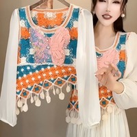 Folk Women's Summer New Crew Neck Spliced Beading Bow Knitted T-shirt Blouses Hook Flower Hollow Fashion Short Puff Sleeve Shirt