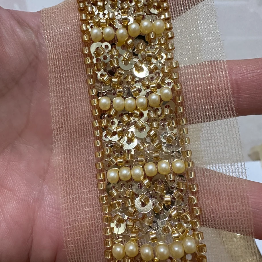 90cm Pearl Beaded Lace Trim Ribbon Garment Decoration Applique Trimming Gold Sequin Tape DIY Sewing Fabric Material Accessories