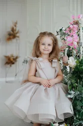 Puffy Cute Flower Girl Dress For Wedding Knee Length Sleeveless With Bow Kids Birthday Party First Communion Princess Ball Gown