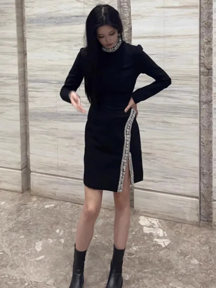 Luxury Diamonds Stand Collar Party Banquet Women Elegant Black Dress Long Sleeve Slim Fit High Waist A-Line Split Short Dresses