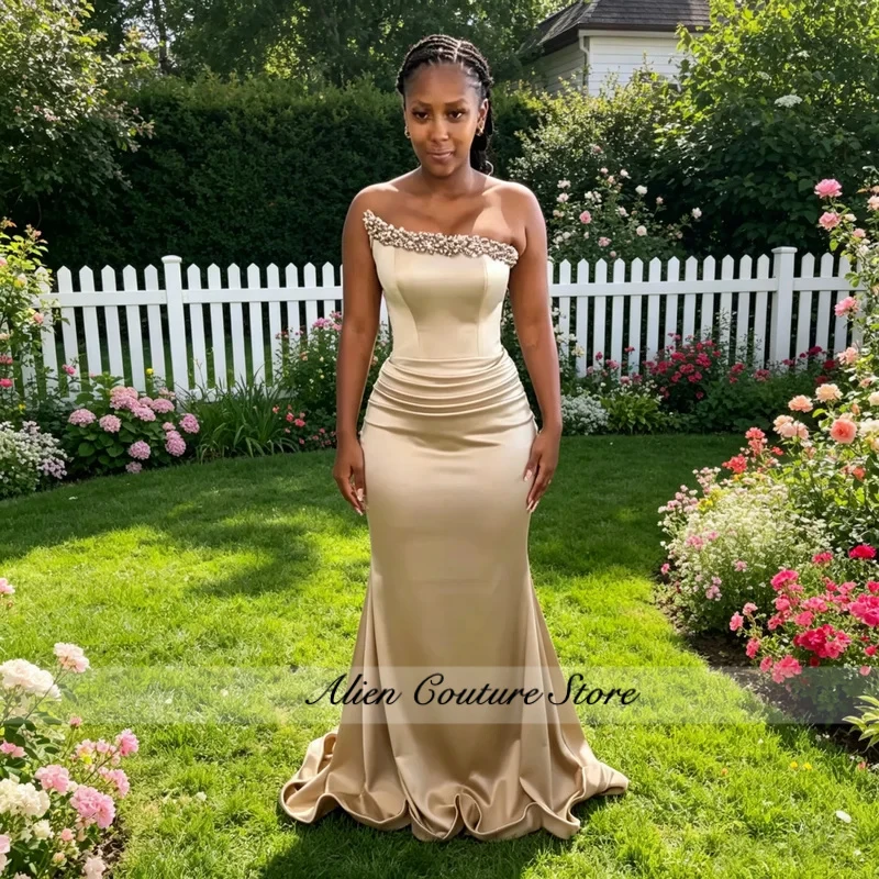 Africa Champagne Mermaid Bridesmaid Dresses for Women Strapless Corset Beading Wedding Guest Maid of Honor Dress Customized