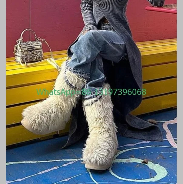 Lady White Fur Flats Platform Gothic Style Knee Bootsfootwear Size 35-46 White Winter Feather Causal New Arrive Runway Boots