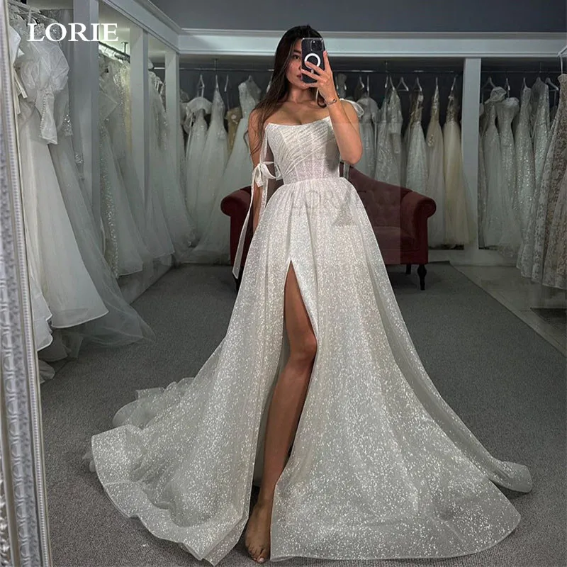 

LORIE Glitter Spaghetti straps Wedding Dresses A Line Side Split Bride Dress Pleats Vestidos de novia 2024 Wedding Gowns