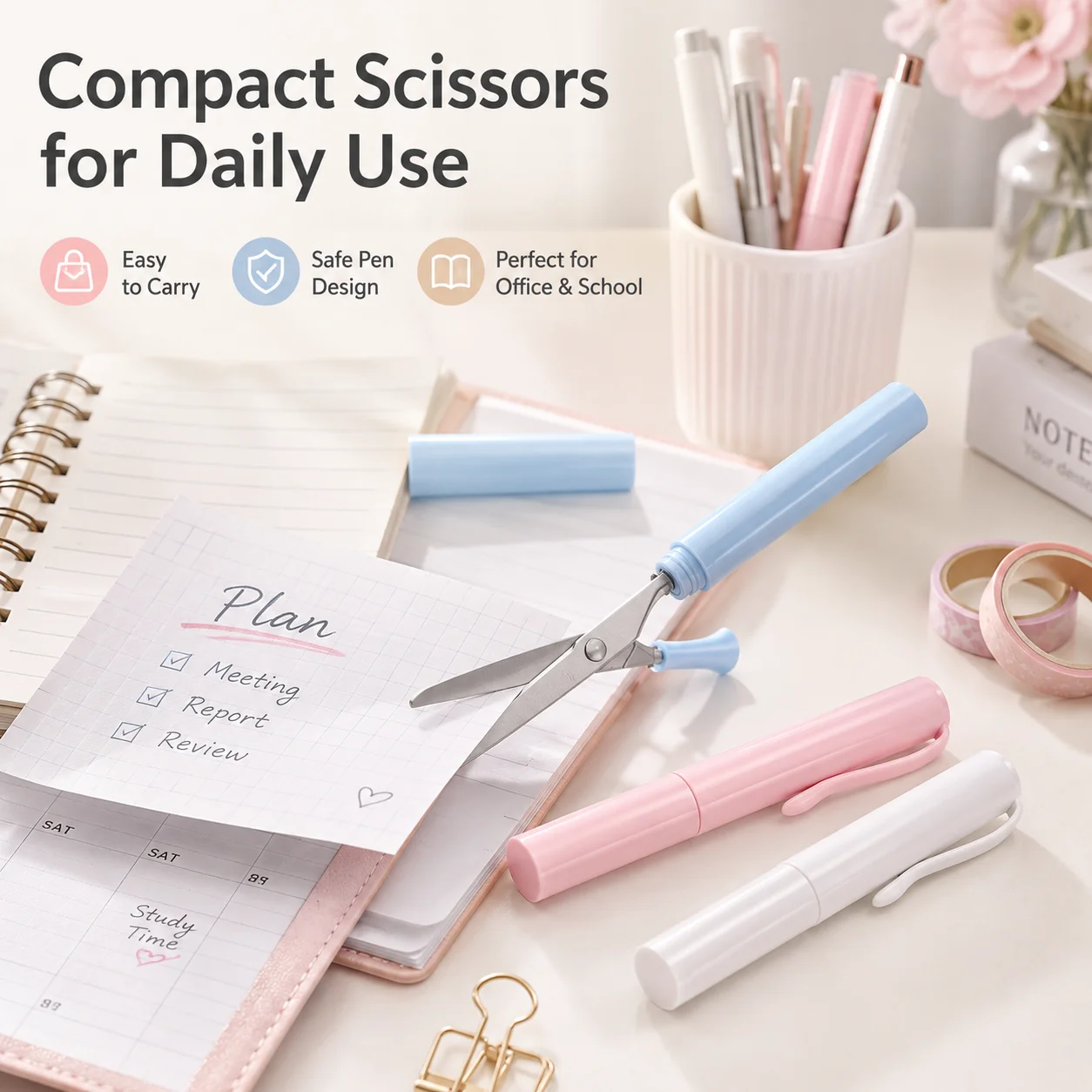 Pen Shape Safety Scissors, Portable Kids Craft Scissors with Protective Cap and Round Tip Design